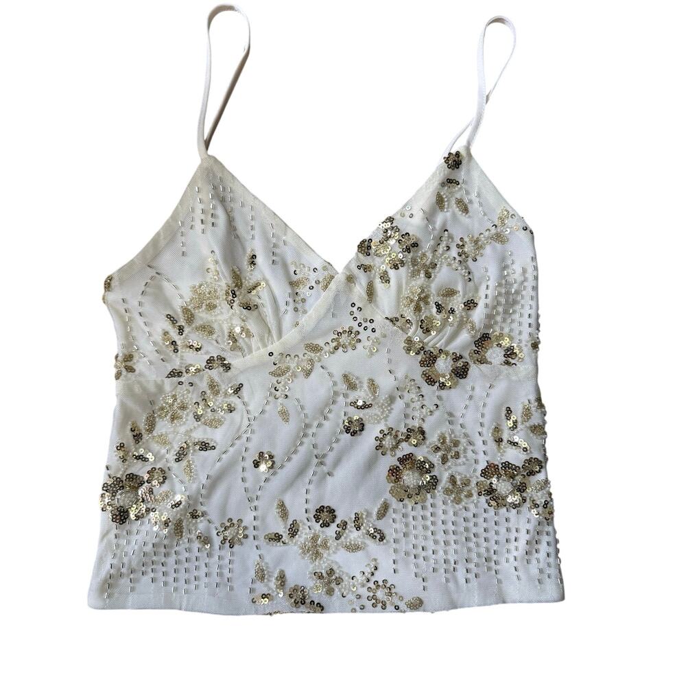 Studio Beaded Sequin Mesh Cami Top Ivory Gold Embellished Size Medium